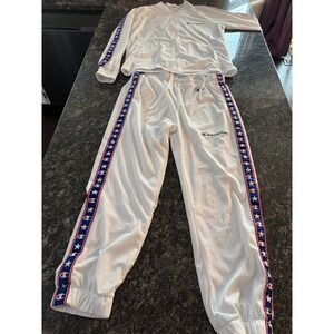 Vintage Champion WhiteTracksuit Set Zip Jacket Joggers Stars Logo Tape Mens L